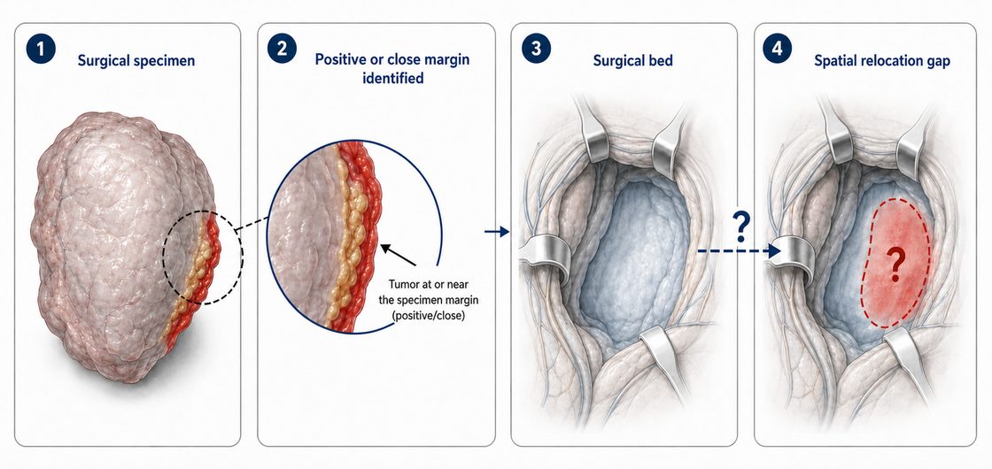 Four panels: the resected surgical specimen, the positive or close margin identified on it, the surgical bed in the patient, and the spatial relocation gap between them.