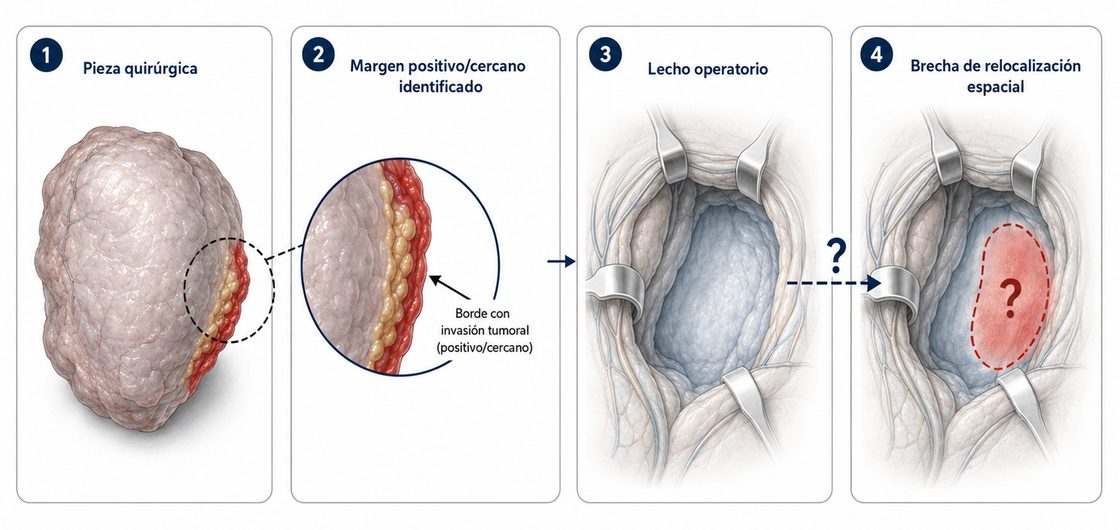 Cuatro paneles: la pieza quirúrgica extraída, el margen positivo o cercano identificado sobre ella, el lecho operatorio en el paciente y la brecha de relocalización espacial entre ambos.